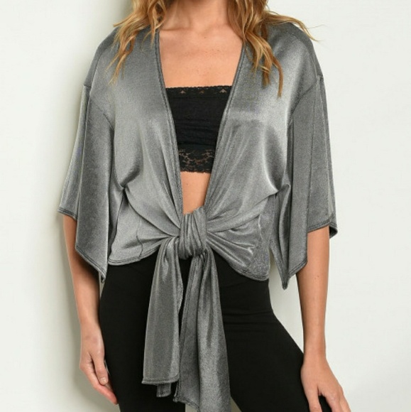 TIE FRONT BLACK BEAD SILVER SHORT SLEEVE KNOT BOW TOP - Picture 1 of 2